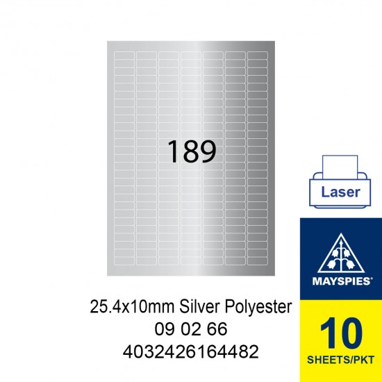 MAYSPIES 09 02 66 PREMIUM COLOR LASER LABEL / 10 SHEETS/PKT SILVER POLYESTER 25.4X10MM